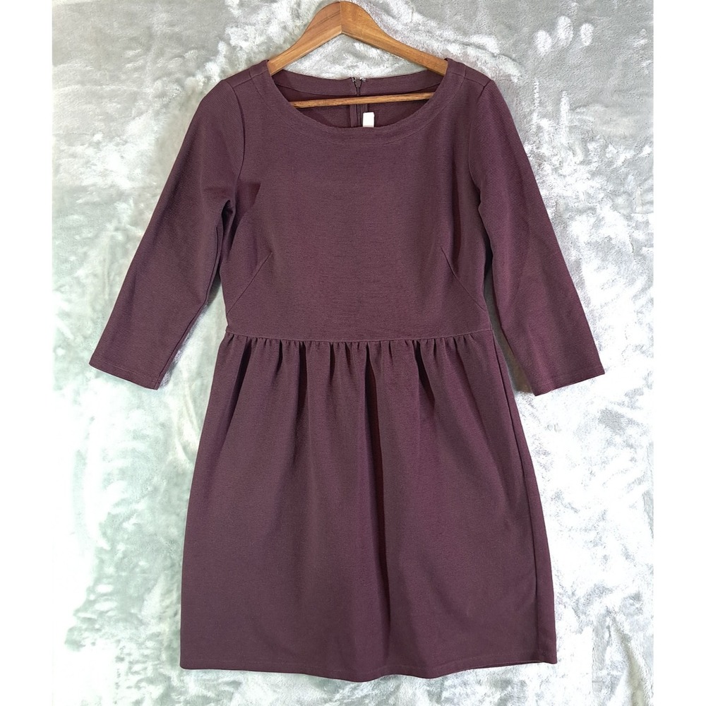 Ann Taylor LOFT Dress Size 8 Ribbed Cotton Blend 3/4 Sleeves A-Line Deep Purple